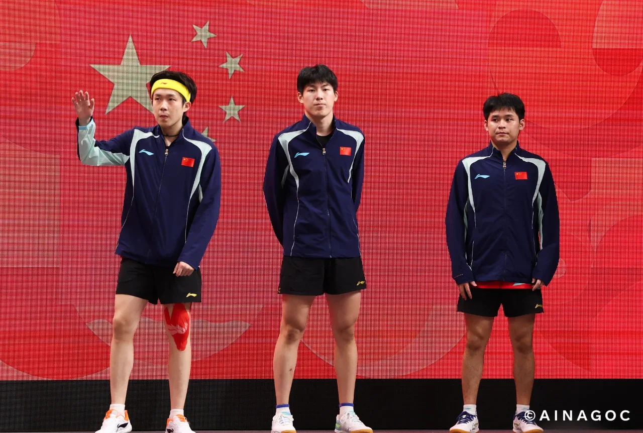 China’s men’s team final lineup: Wang Chuqin (A), Wen Ruibo (B), and Lin Shidong (C), 2026 Aichi-Nagoya Asian Games.