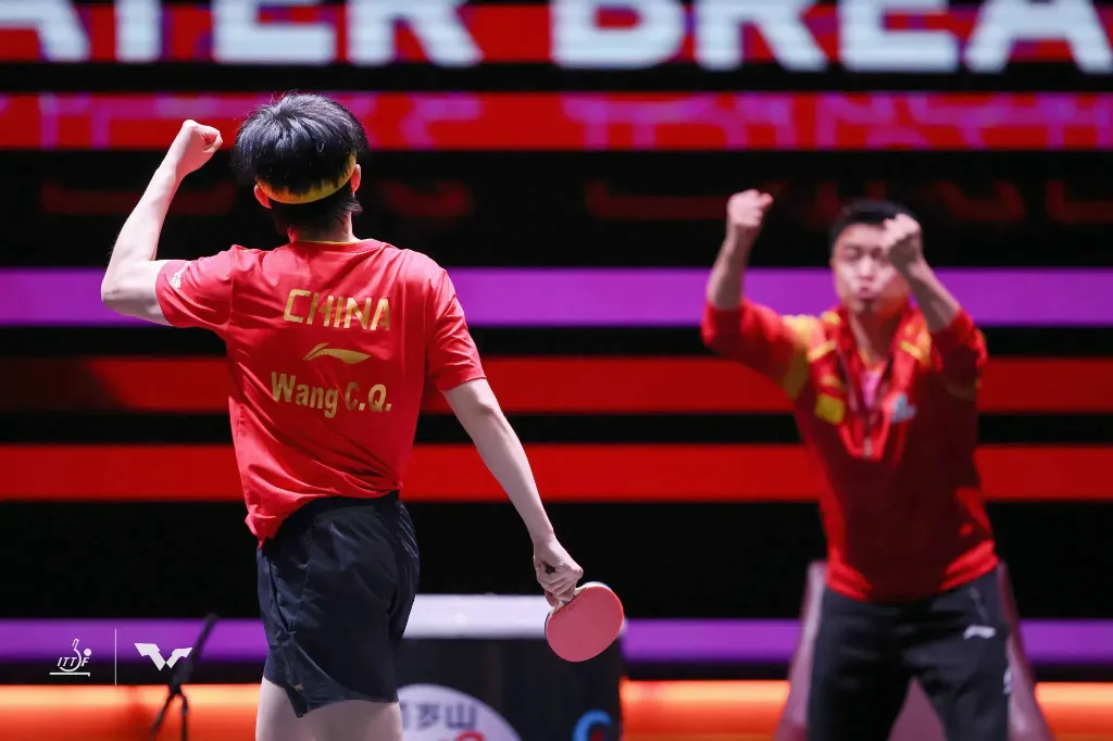 Wang Chuqin raised his left arm in a fist, turning slightly to face his team bench, at 2025 WTTC Doha