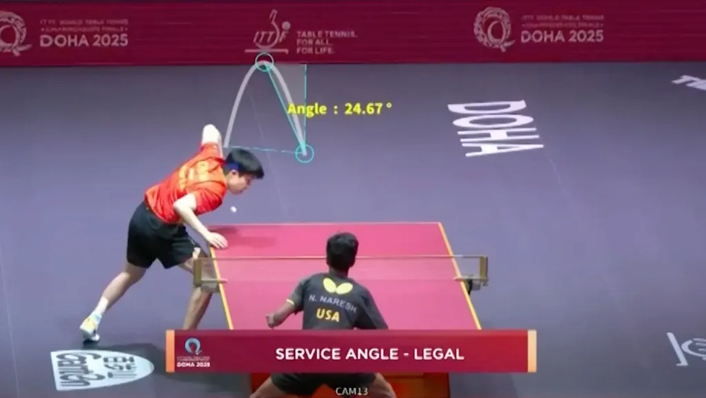 Wang Chuqin successfully challenged a service call using Hawk-Eye in the men's singles R128 at the 2025 WTTC in Doha.
