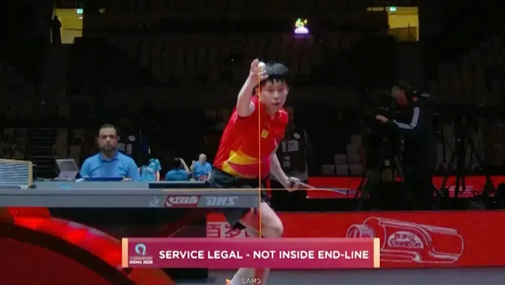 Wang Chuqin successfully challenged a service call using Hawk-Eye in the men's singles R32 at the 2025 WTTC in Doha.